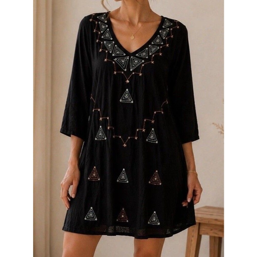 Black Embroidered Tunic Dress L Sequin Ethnic Cotton Top India Swimsuit Cover Up